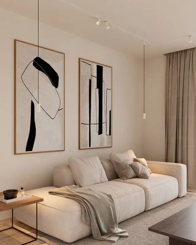 A modern bedroom with a bed, a window, a plant, interior by Archnine Design Studio