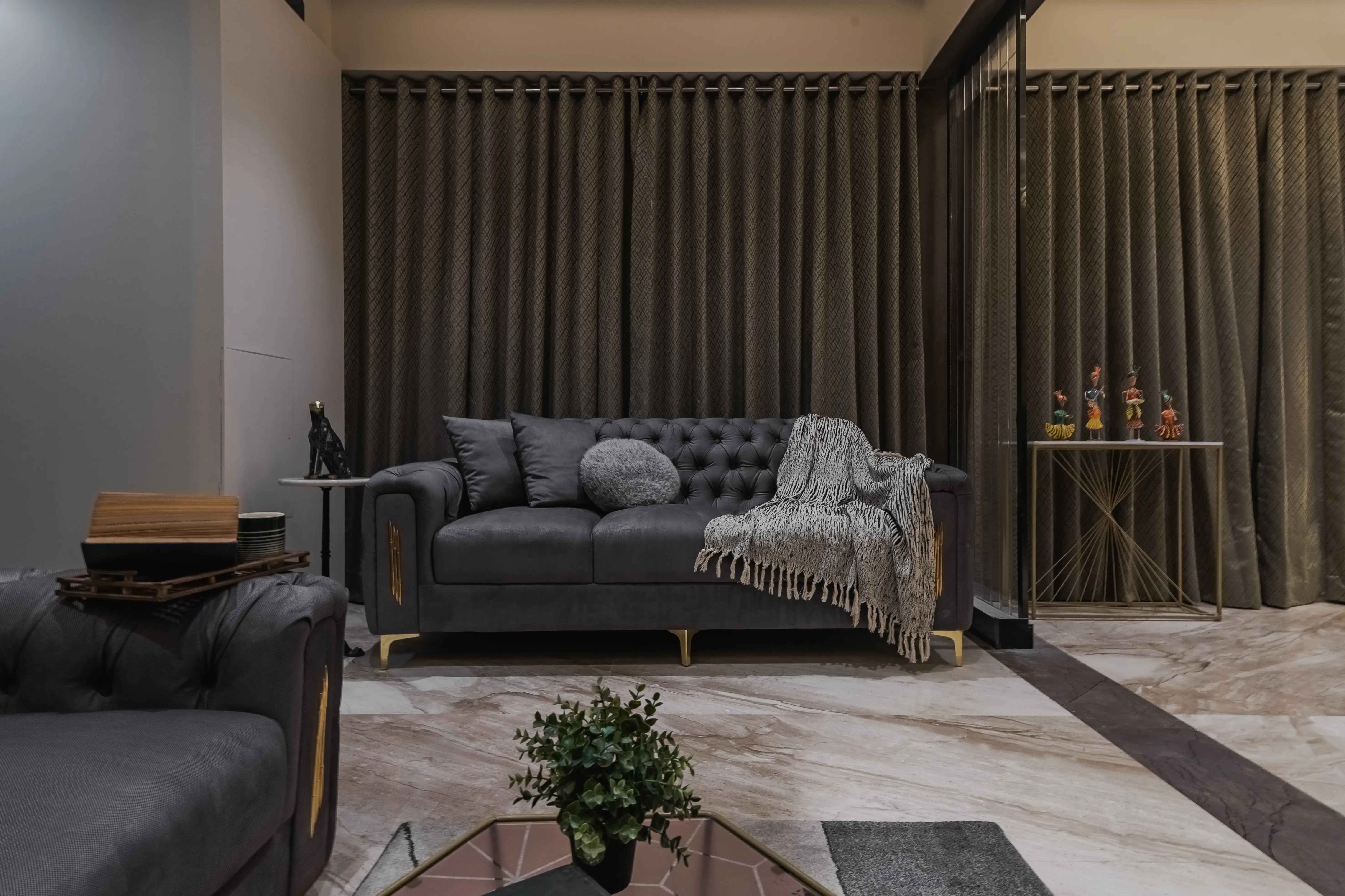 Simple bedroom features a platform bed with a painting above the headboard, interior by Archnine Design Studio