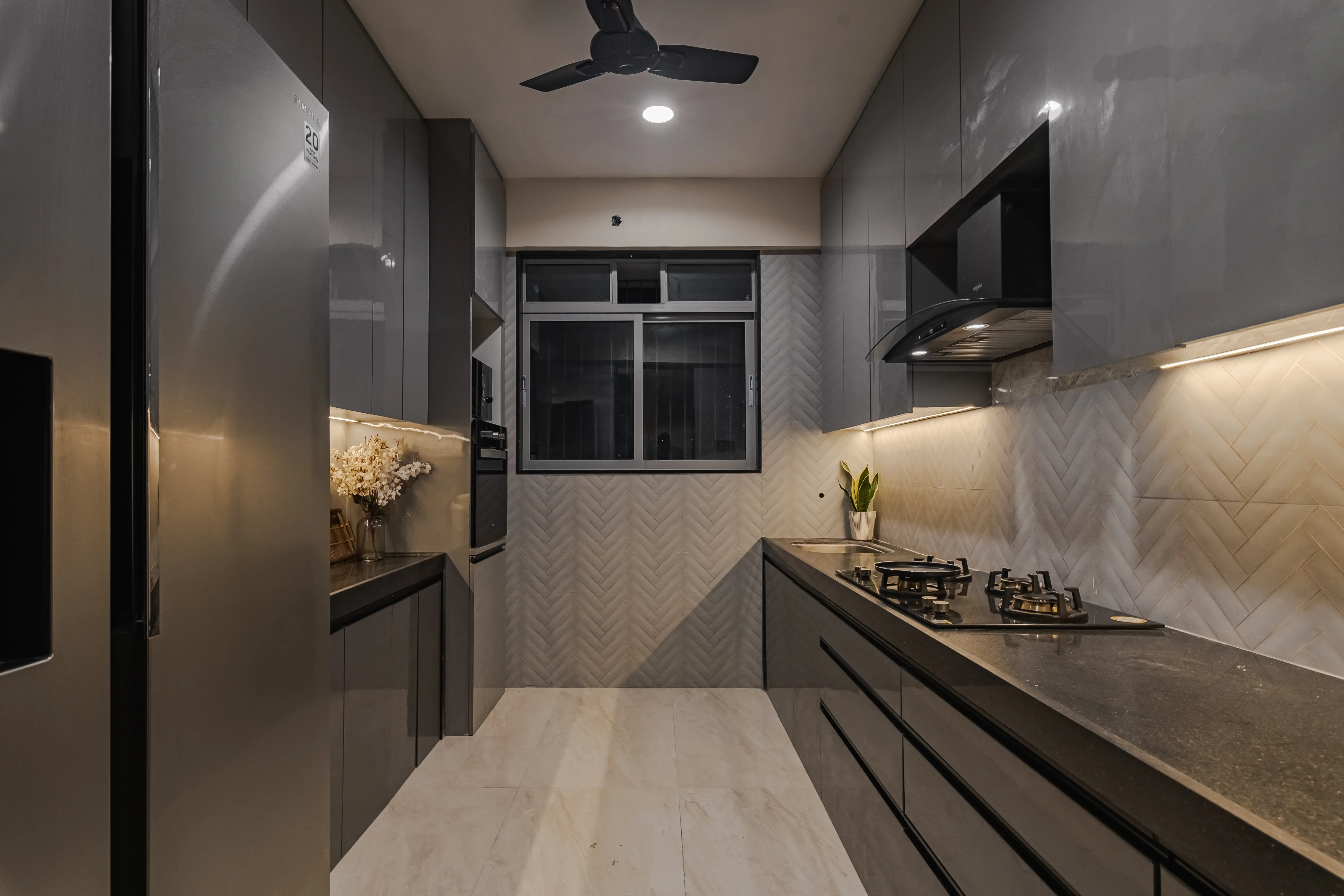 A modern living room with a sofa, a glass coffee table, interior by Archnine Design Studio